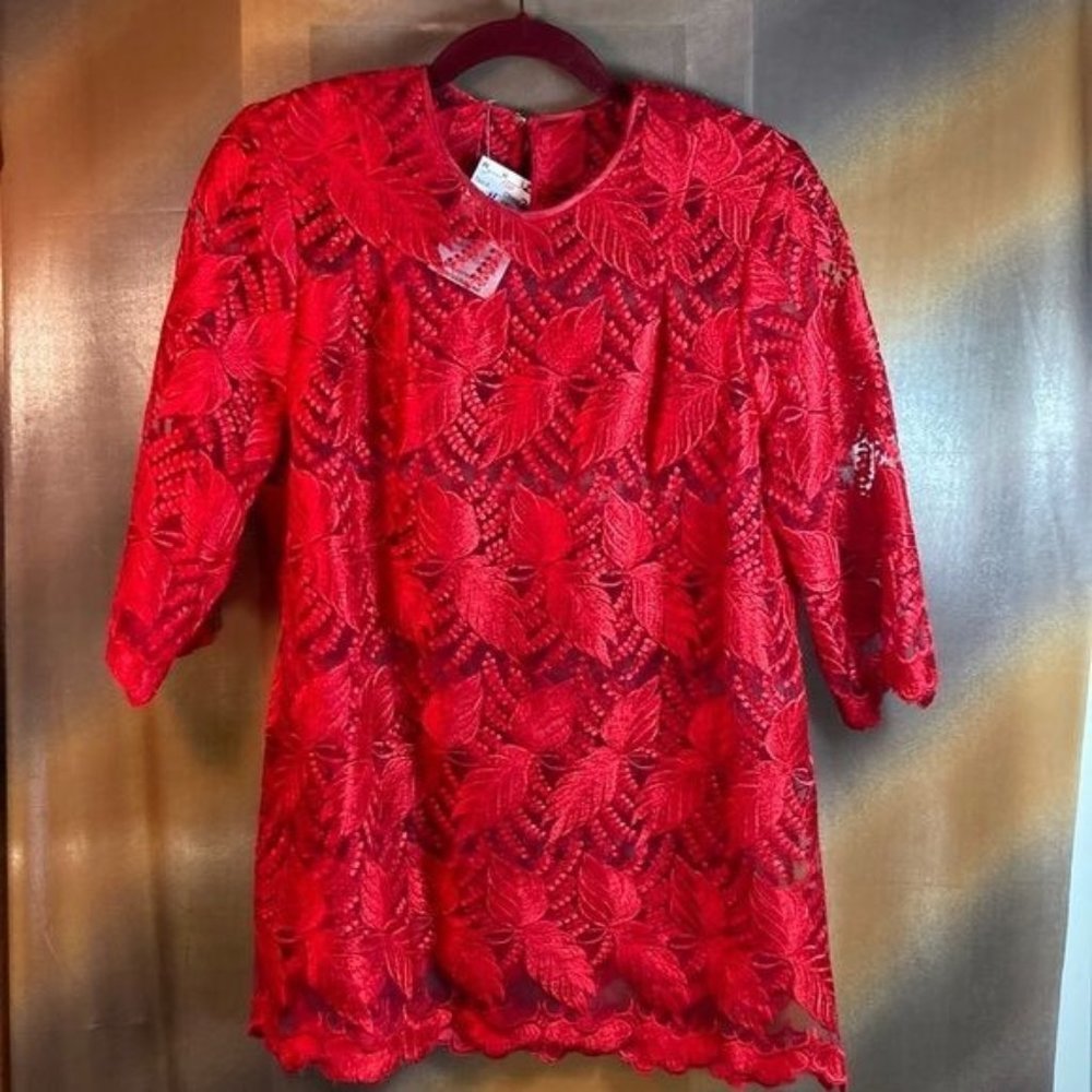 TAILOR Made Red Crochet Lace Top Stunning See Thru Blouse Long‎ Sleeves Size M